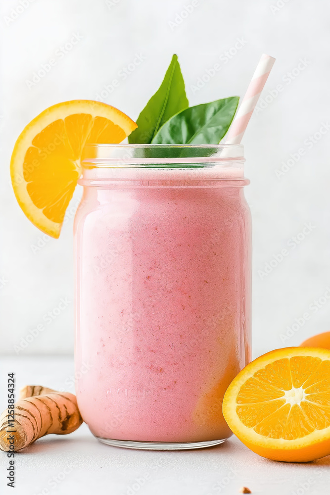 Refreshing pink smoothie with orange and basil in mason jar. Refreshing pink smoothie with orange and basil in mason jar.