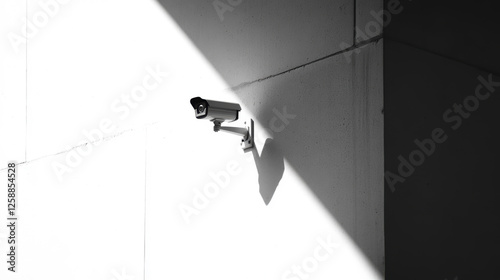 Monochrome wall-mounted cctv security camera casting dramatic shadow in bright sunlight on minimalist concrete background