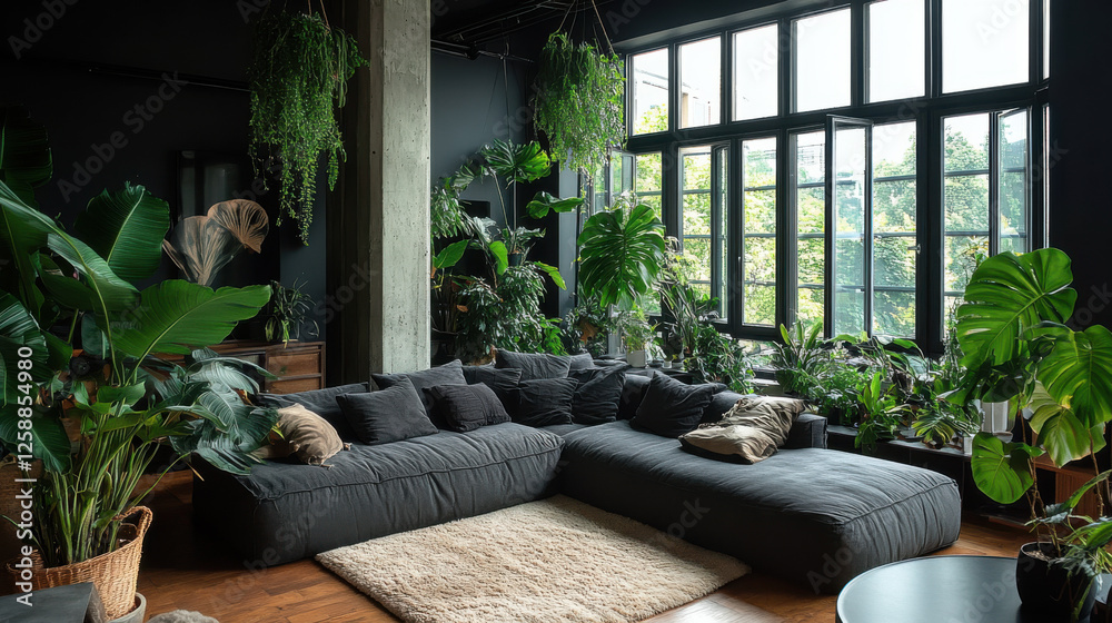 Cozy living room with large windows and abundant green plants creating a natural, refreshing atmosphere in a modern urban setting