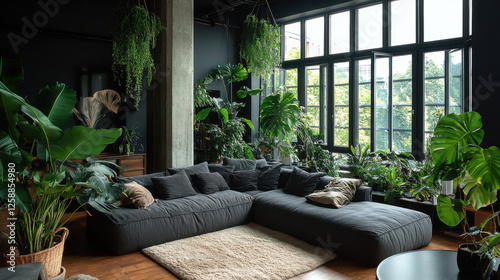 Obraz na płótnie Cozy living room with large windows and abundant green plants creating a natural, refreshing atmosphere in a modern urban setting w salonie