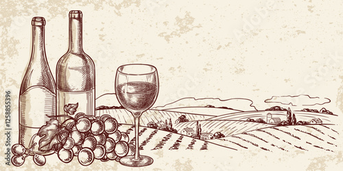 Wine glass, bottles, grape, landscape vineyard fields. Vector hand drawn sketch illustration. Label, menu design element
