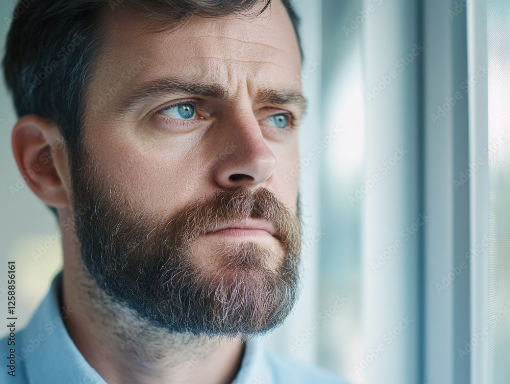 Obraz premium Contemplative man with beard looking out window