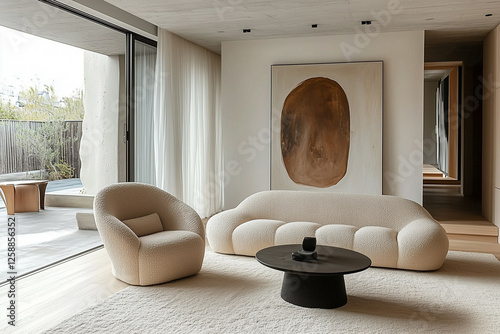 Wallpaper Mural Minimalist, japandi style interior design of modern living room. Room with contemporary beige boucle sofa, armchair, and abstract painting. Torontodigital.ca