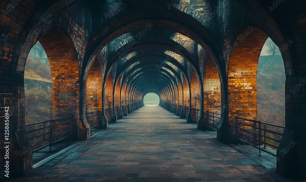 Obraz premium Endless tunnel with brick arches and distant light at the very end of the path