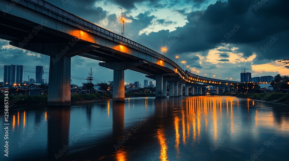 Urban Night Scene: Elevated Highway Bridge Reflecting on Serene River at Dusk Urban Night Scene: Elevated Highway Bridge Reflecting on Serene River at Dusk