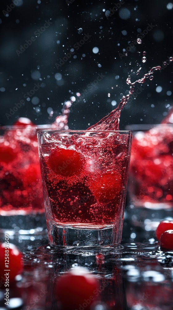 Bubbles and splashes create a vibrant party atmosphere with refreshing cherry drinks in sparkling glasses Bubbles and splashes create a vibrant party atmosphere with refreshing cherry drinks in sparkling glasses