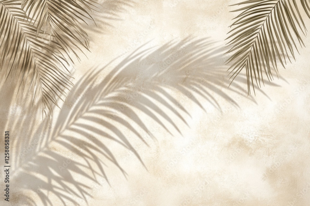 Fototapeta premium Palm leaf shadows on beige wall, summer, background, design
