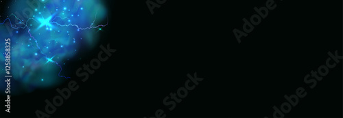 Powerful electrical current energy. Flash of lightning in a magic frame. Neon discharge in smoke effect.