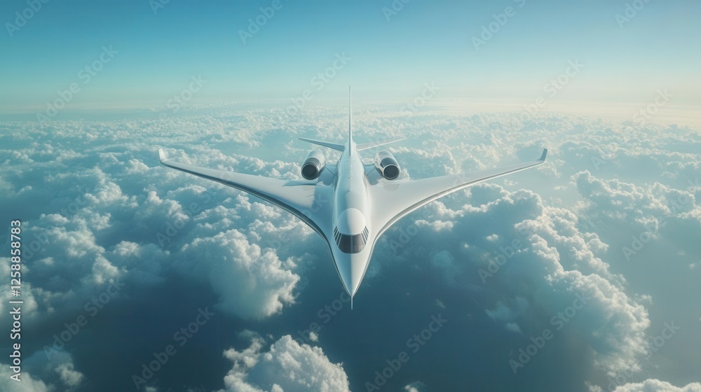 Fototapeta premium Luxury Private Jet Flying Above Earth with Blue Sky and Fluffy White Clouds