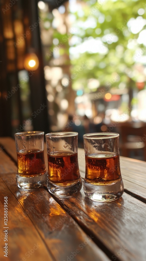 Enjoying warm afternoons with friends over three glasses of amber drinks at a cozy outdoor cafe in the heart of the city Enjoying warm afternoons with friends over three glasses of amber drinks at a cozy outdoor cafe in the heart of the city