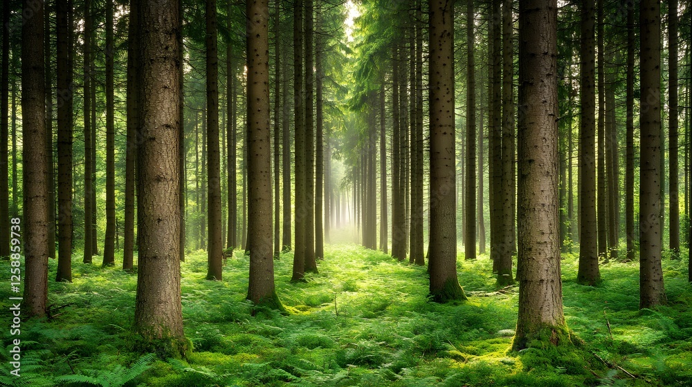 Luminous Sunlight Path in Misty Green Forest Luminous Sunlight Path in Misty Green Forest