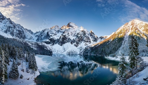 tranquil view of morskie oko in tatra national park poland showcasing majestic snow covered mountains serene frozen lake and reflections on a chilly winter day winter landscape