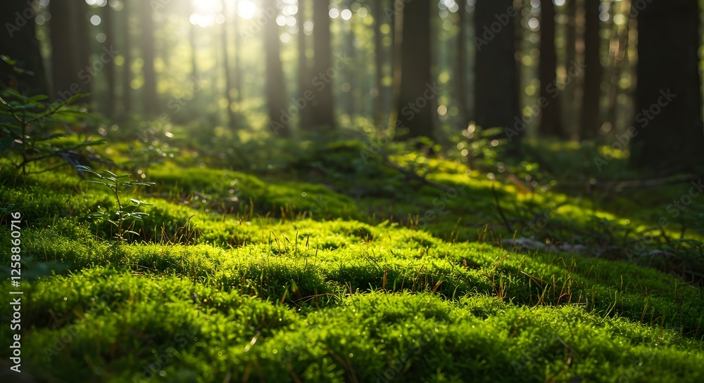 Fototapeta premium Sunlight Streaming Through Forest Canopy Illuminating Lush Green Moss