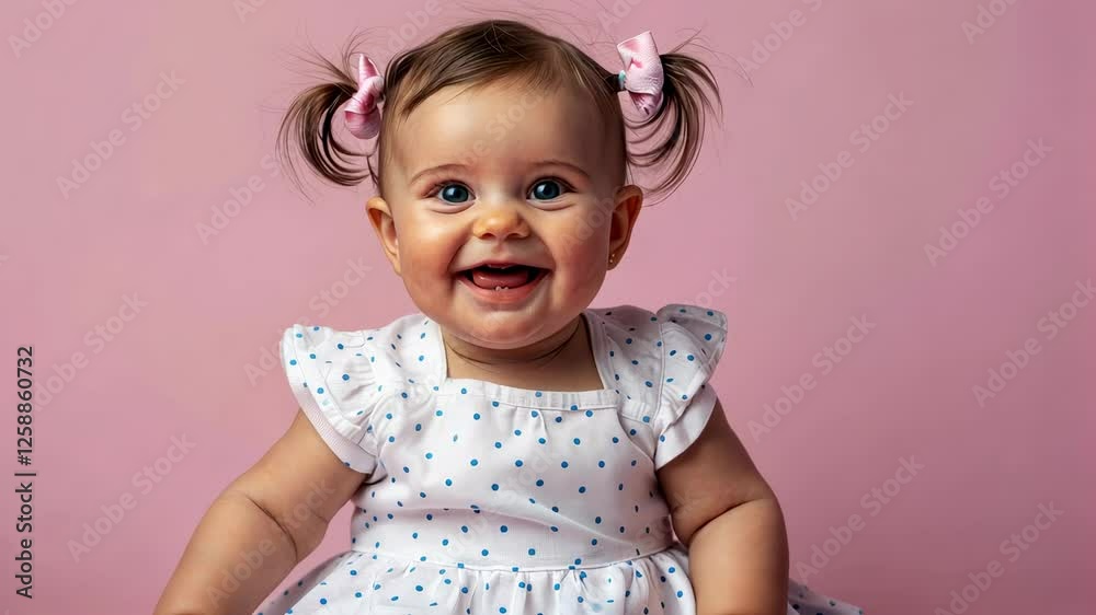 Adorable Baby Girl with Pigtails and Pink Bows Smiling Cheerfully in a Polka Dot Dress against a Soft Pink Background Adorable Baby Girl with Pigtails and Pink Bows Smiling Cheerfully in a Polka Dot Dress against a Soft Pink Background