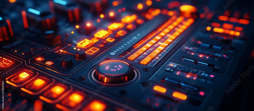 Close-up of a futuristic audio mixer with glowing controls and vibrant lights in a studio Close-up of a futuristic audio mixer with glowing controls and vibrant lights in a studio