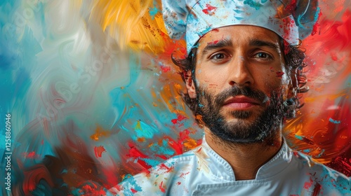 Portrait of a male chef with paint splatters on his uniform against an abstract background.