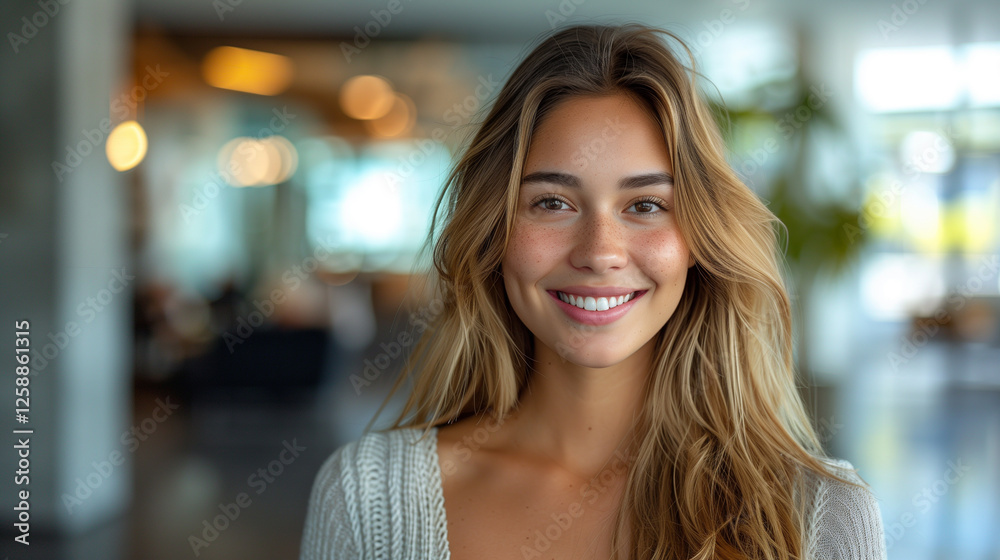 Obraz premium Smiling beautiful elegant businesswoman standing at lobby in a modern business office tower. bright white tone. bright white tone.