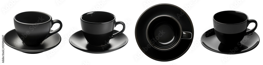 A black empty coffee cup placed on a saucer isolated on transparent background ,PNG , set of A black empty coffee cup placed on a saucer isolated on transparent background ,PNG , set of