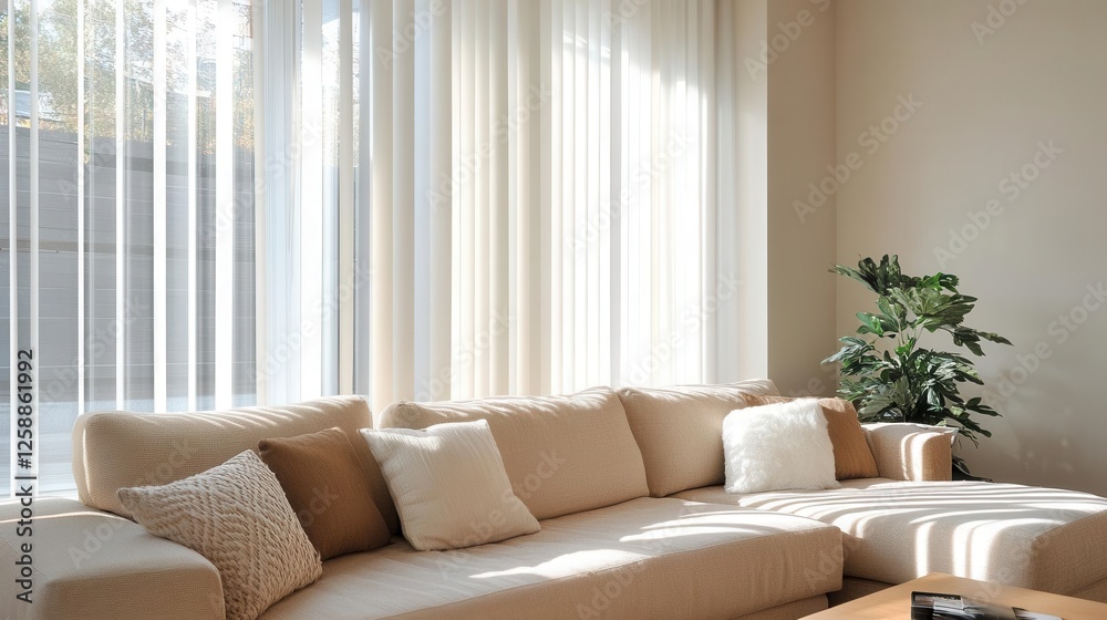 Fototapeta premium Modern Earth-Tone Living Room Interior with Natural Fabric Sofa and Wooden Wall Accents