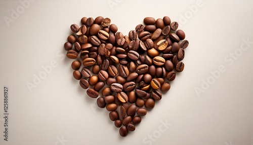 a heart shaped arrangement made of coffee beans on a light background viewed from above