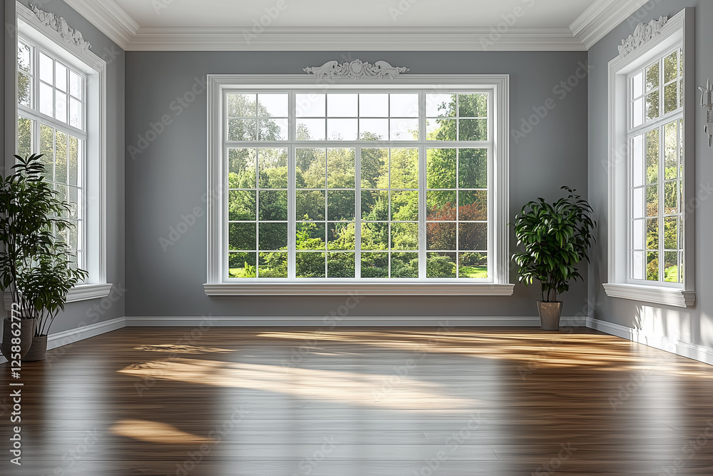 Fototapeta premium Classical empty room interior 3d render,The rooms have wooden floors and gray walls ,decorate with white moulding,there are white window looking out to the nature view.