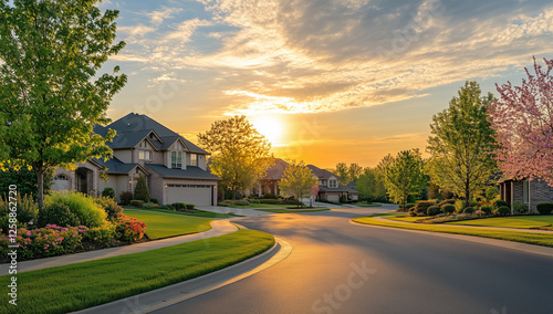 A panoramic view of the ranch-style homes in Plano, Texas at sunset with a luxury home on one side and other similar luxurious houses around it