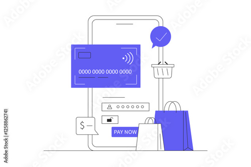 Wireless transaction concept. Make purchases using NFC phone contactless payment. Internet banking. Flat Cartoon Vector Illustration, icon. Stylish abstract web design banner