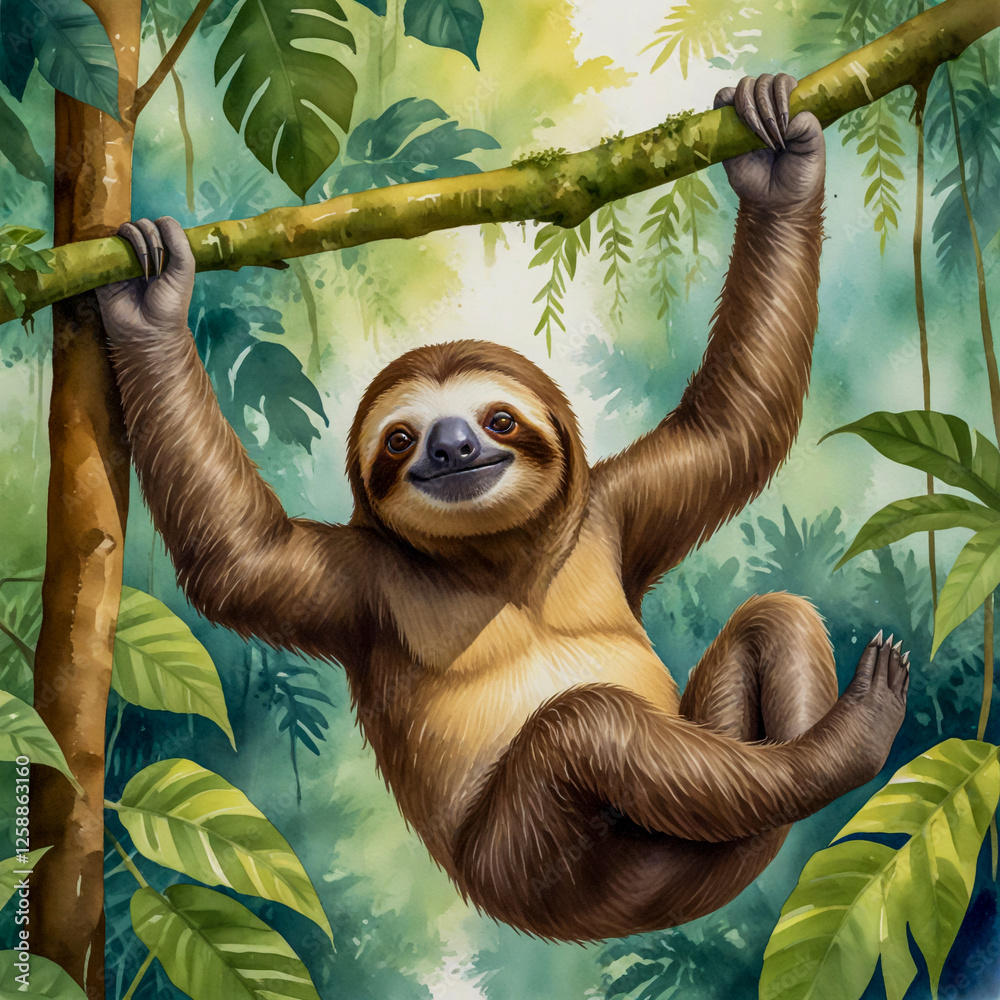 Fototapeta premium watercolor of a three-toed sloth hanging from a branch in the lush Amazon Rainforest. The scene includes cascading vines,