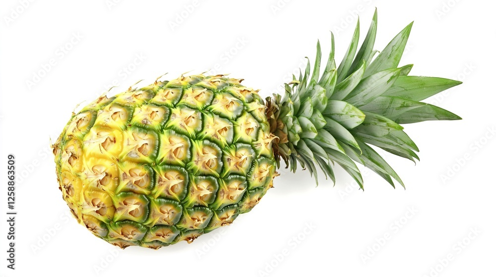 Small Isolated Pineapple on White Background with Fresh Green Leaves Small Isolated Pineapple on White Background with Fresh Green Leaves