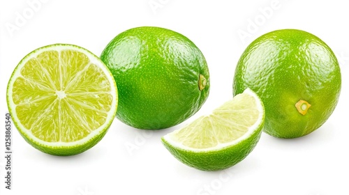 Fresh Whole Half and Sliced Limes Isolated on White Background