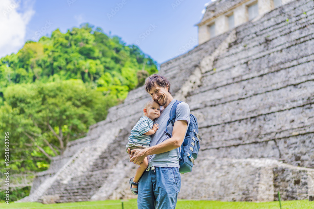 Father with his toddler son exploring the ancient pyramids of Palenque, Mexico, surrounded by dense jungle. Cultural heritage and adventure travel concept