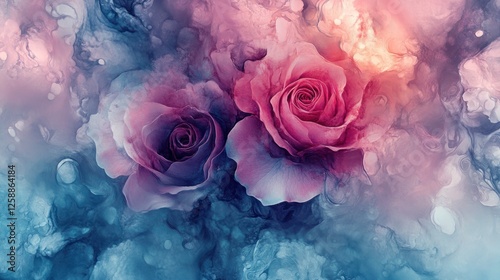 Dreamy floral arrangement with roses and watercolor textures effect