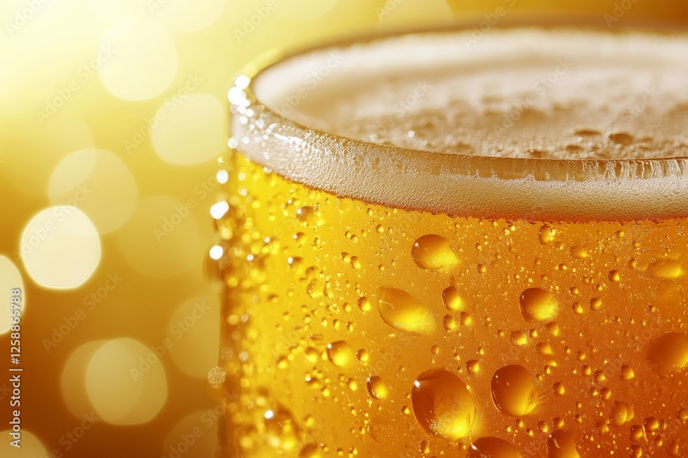 Golden beer in a glass with condensation admired at a lively gathering during the evening hours Golden beer in a glass with condensation admired at a lively gathering during the evening hours