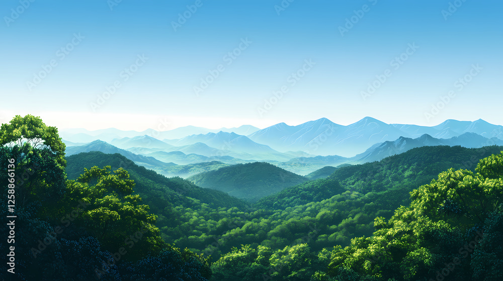 Fototapeta premium A serene landscape featuring lush green forests and distant mountains under a clear blue sky. Crystalline Forests. Illustration