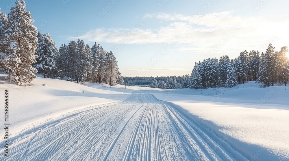 Obraz premium Snow Covered Winter Road Through Snowy Pine Forest Landscape