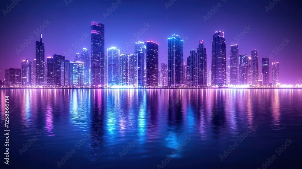 Fototapeta premium Neon-Lit Metropolis at Night with Ocean Reflections for Futuristic City Campaigns