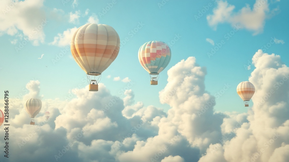 Naklejka premium Colorful Hot Air Balloons Soaring Above Dreamlike Cloudscape A Serene Aerial View Of Pastel Balloons Floating Amongst Fluffy Clouds Under a Bright Sky