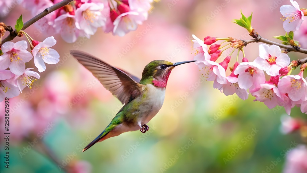 Fototapeta premium Hummingbird Feeding on Cherry Blossoms