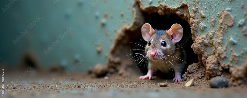 Fototapeta premium Mouse's head and whiskers emerge from wall crevice, rodent, crack, wood