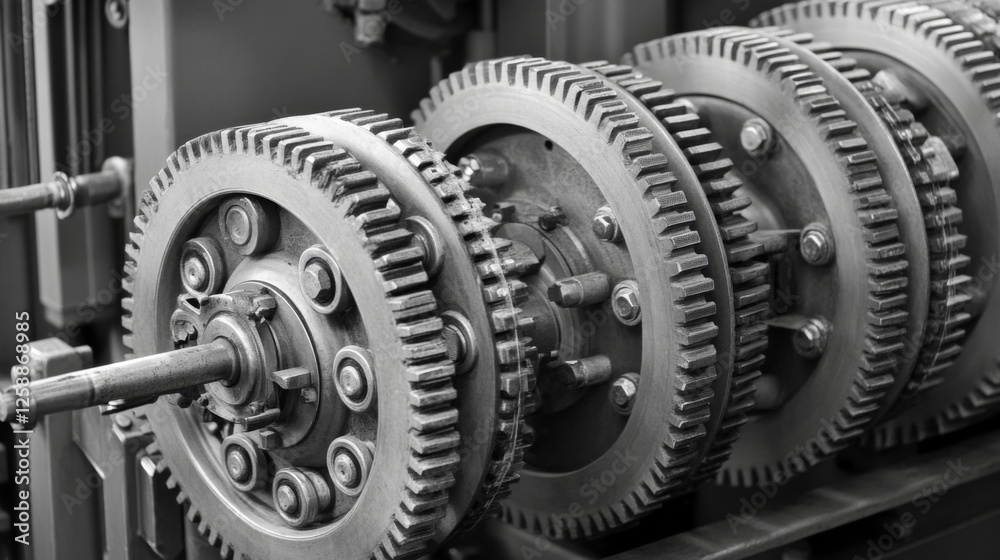 Industrial machine gears close-up, complex mechanism, precise engineering, and function Industrial machine gears close-up, complex mechanism, precise engineering, and function