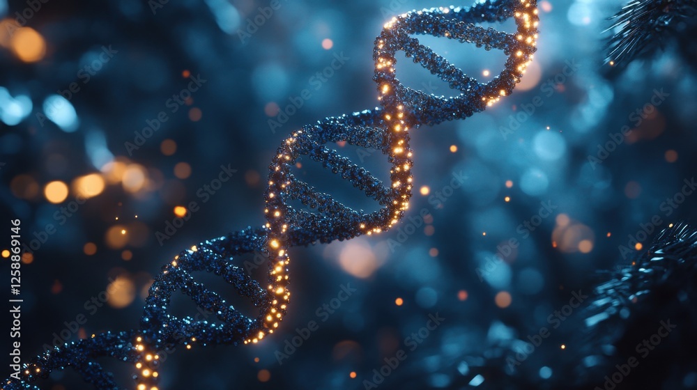 Mysterious strand of glowing DNA shimmering in a dark, ethereal environment filled with blue and gold lights Mysterious strand of glowing DNA shimmering in a dark, ethereal environment filled with blue and gold lights