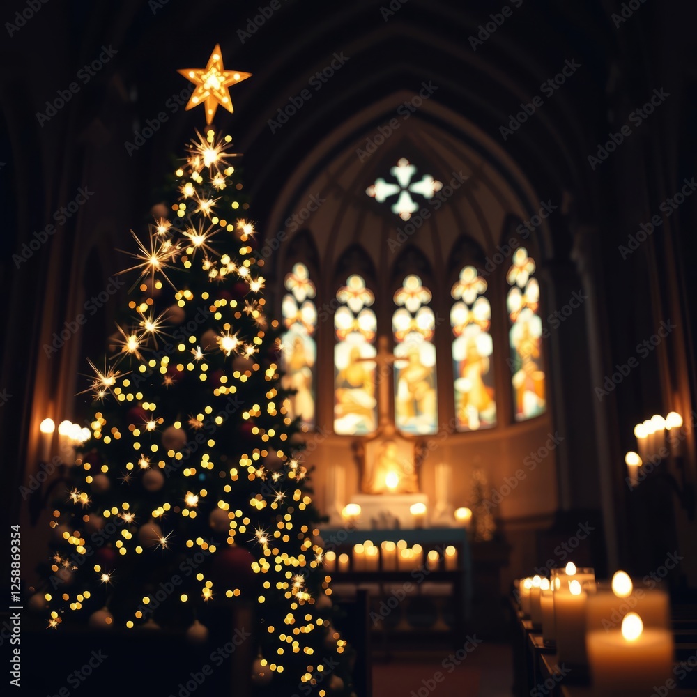 Obraz premium Sparkling church christmas tree decorations brightly lit candles and light background celebrating the christmas of jesus christ Bokeh light lights background bokeh abstract light bright effect