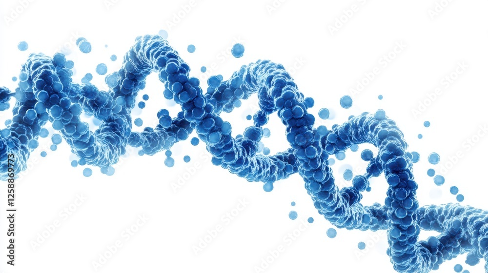 Fototapeta premium Intricate blue DNA double helix structure wades through molecular spheres illustrating life's fundamental building blocks in a vibrant display