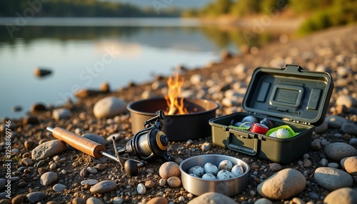 Fishing gear with fire and fresh catch in cooler by tranquil mountain lake at sunset