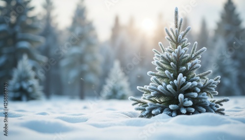 Snow-covered balsam fir tree in winter landscape with soft sunlight and blurred background