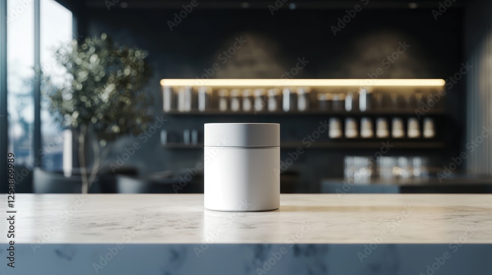 Fototapeta premium White Container on Marble Countertop in Modern Kitchen