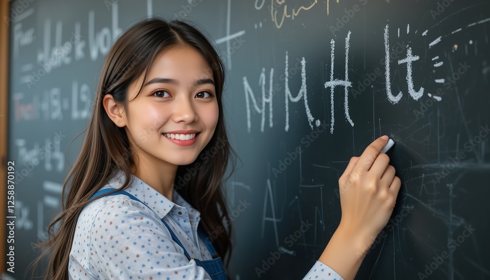 Smiling Young Asian Woman Writing on Blackboard Happy Student Education Chalkboard Learning Classroom Teacher School Girl Smiling Young Asian Woman Writing on Blackboard Happy Student Education Chalkboard Learning Classroom Teacher School Girl