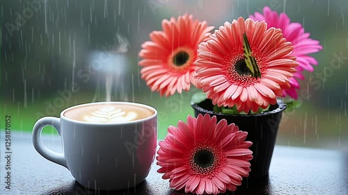 Cozy rainy day scene featuring a steaming cappuccino alongside vibrant gerbera daisies and a butterfly. Seamless looping 4k time-lapse