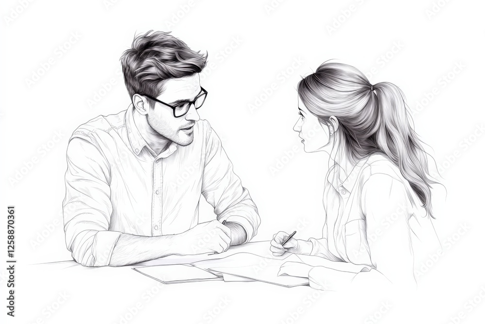 business meeting sketch of man and woman discussing business meeting sketch of man and woman discussing