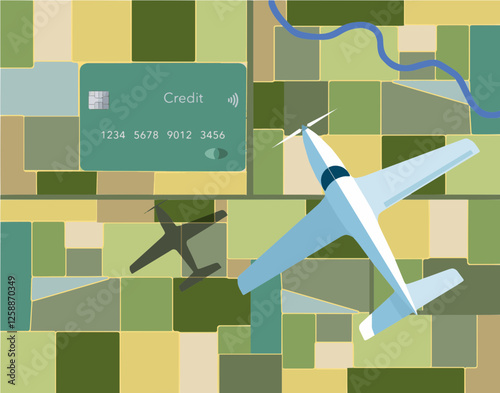 A credit card , farmland and a private plane are seen in this 3-d illustration about using credit cards for anything including hiring a plane for air travel.